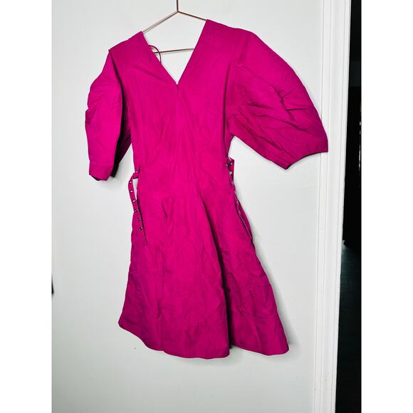 3.1 PHILLIP LIM Purple A-Line V-Neck Puff Sleeves Godet Belted Dress Size 2 - Picture 7 of 12